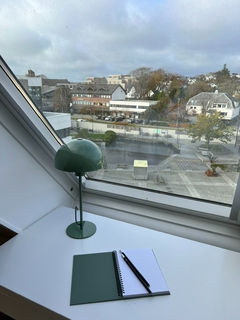 Utsikt fra skriveplass stue mot torget.